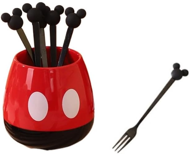 (6 Pieces) Cartoon Stainless Steel Fruit Fork Set Household Fork Ceramic Storage Jar Fruit Stick Fruit Insert Dessert Fork (Red)