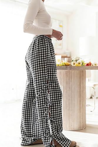 Image of codcm Womens Gingham Striped Wide Leg Pants Y2k Lounge Pants Lace Up Loose Trousers