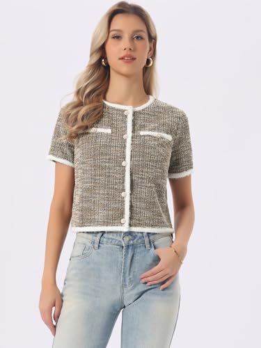 Image of Allegra K Short Sleeve Tweed Jacket for Women Summer Crew Neck Button Front Cropped Cardigan