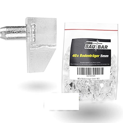 BauBar - 40 STÜCK Bodenträger transparent mit Metallstift vernickelt - Ø 5mm - Tablarträger Regal-Bodenträger Fachbodenträger Cover