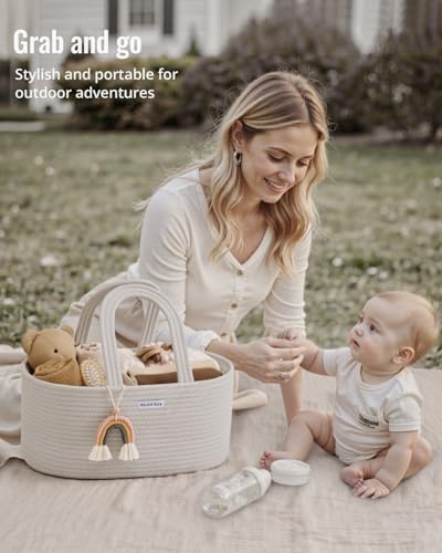 Image of Blissful Diary Baby Diaper Caddy Organizer, Cotton Rope Diaper Caddy Basket, Oval Storage Basket, Gift for Baby Shower, Newborn Essentials, Beige