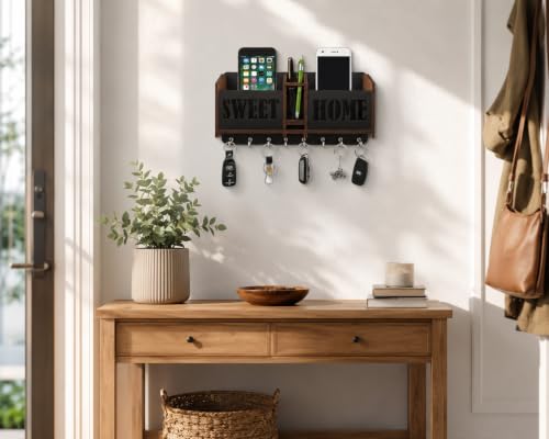 Image of Sweet Home Key Holder for Home Wall Stylish | Wooden Key Stand for Wall | MDF Key Hanger | Two Box to Charge Mobile | Pen and Keys Holder Stand for Office, Hall Living | Matte Finish