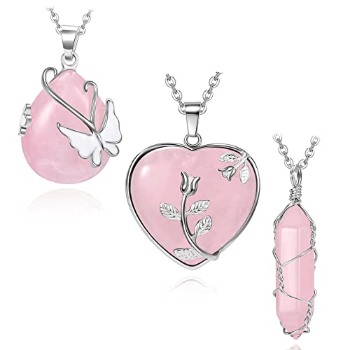 Top Plaza 3Pcs Natural Rose Quartz Healing Crystals Stones Necklace Wire Wrapped Stone Heart Point Waterdrop Pendant Necklaces Reiki Gemstone Quartz Jewelry For Women Ladies Mother's Day Mom Gifts #TOP21