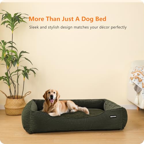 HMTOPE Hundebett, Hundesofa, Hundematte aus Cord, S/M/L, rutschfest, Abnehmbar und Waschbar, Weich und Atmungsaktiv, Olivgrün, 110 x 85 x 27 cm