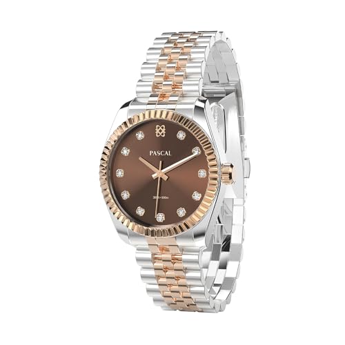 PASCAL Women's Watch with Swiss Quartz Movement, Chocolate Dial with Lab Diamonds, 10ATM Waterproof, Stainless Steel Bracelet, Elegant Vintage & Dainty Wrist Watch for Ladies(Gift for Her)