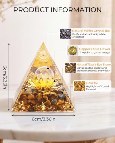 Image of Orgone Pyramid with Healing Crystals - (Flower of Life) - Energy Generator for Positive Vibe, Stress Relief & Chakra Reiki Meditation - Spiritual Gift for Success, Wealth & Prosperity (Golden)