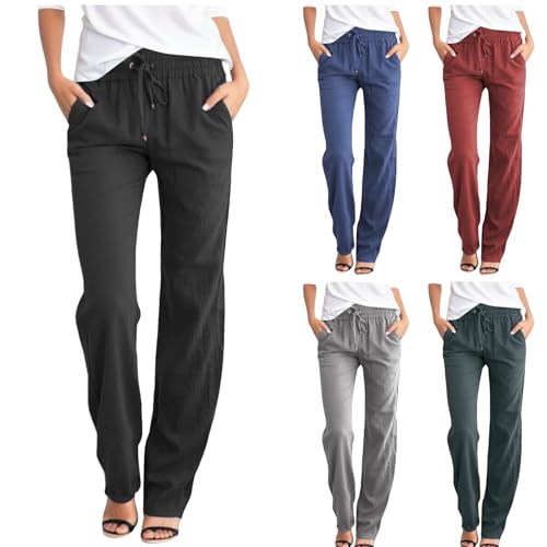 Women Cotton Linen Pants Casual Wide Leg Pants Lightweight Summer Beach Pants Loose Lounge Pants Drawstring Sweatpants