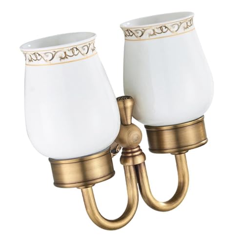 Image of QIXCXAZ Stylish Double Cup Brush Holder With Classic Brass Toothpaste Organizer And Wall Attachment For Polished Appearance Double Ceramics Cup Storage Holder