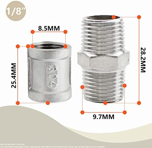 Bwintech 4 Pcs 1/8" to 1/8" Female & Male BSP Thread Stainless Steel 304 Hex Nipple & Hex Coupling Connector for Pipe Connecting Conversion