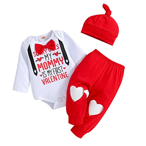 LouVasabuce My First Valentine's Day Outfits For Infant Baby Boy Long Sleeve Romper Bodysuit Heart Letter Trousers Hat Set (Red White, 6-9 Months)