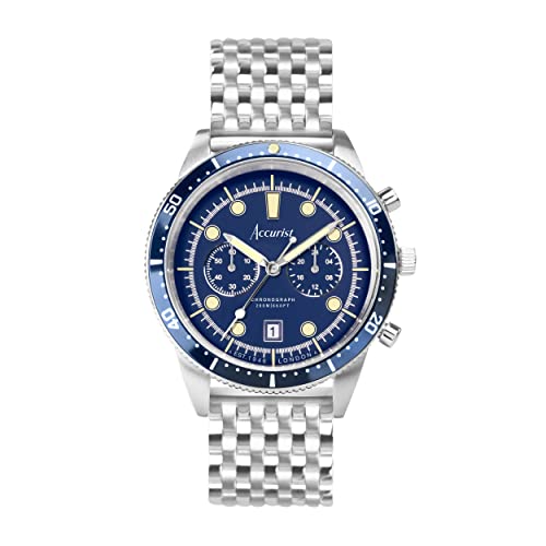 Accurist Dive 42mm Quartz Watch in Blue with Chronograph Analogue Display, and Stainless Steel Bracelet 72004