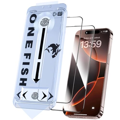 Image of OneFish Screen Protector Glass for iPhone 17e /16e /13 /13PRO /14, 9H Glass Scratch Resistant, Dynamic Island Compatible, HD Clarity Tempered Film with Installation Frame, Easy Installation, 2Pack.