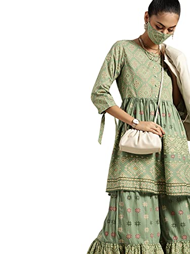 Image of Juniper Pistagreen Cambric Mexican Print Flared Tunic Sharara Set With Mask
