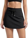 ODODOS Women's Drawstring Tie Daily Skirts Built-in Shorts Athletic Golf Tennis Skorts with Ball Pocket, Black, Small