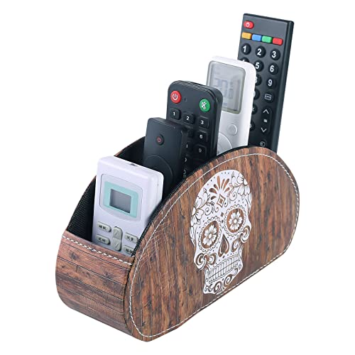 LINKWELL Remote Holder for Table, PU Leather TV Controller Holder with 5 Compartments, Remote Control Holder for Office Supplies, Wooden Look Sugar Skull Halloween Decor PH61