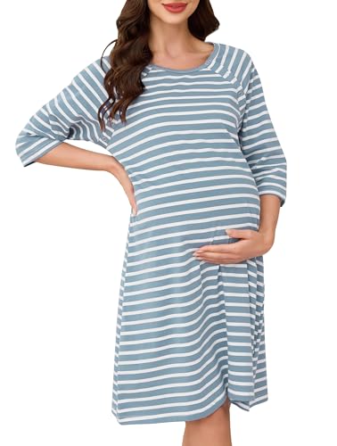 Vlazom Camison Lactancia Hospital para Mujer, Premamá Camison Lactancia de Algodón, Camisón de Labor de Manga 3/4 para Hospital/Hoga(Azul Cielo,XL)