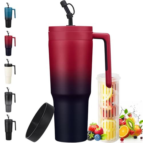 40 oz Tumbler with Handle and Straw - Fruit Infuser Water Bottle Keep Cold-46H, Leakproof Insulated Tumbler with Lid, Straw Cover, Silicone Plugs, Metal Coffee Mug Water Bottle Flask for Work Travel -  VICKNIY