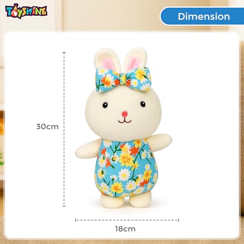 Image of Toyshine 20cm Bunny Soft Toy | Cute Plush Rabbit with Floral Dress & Matching Bow | Ultra Soft Cuddle Toy for Kids Girls Room Decor - Blue