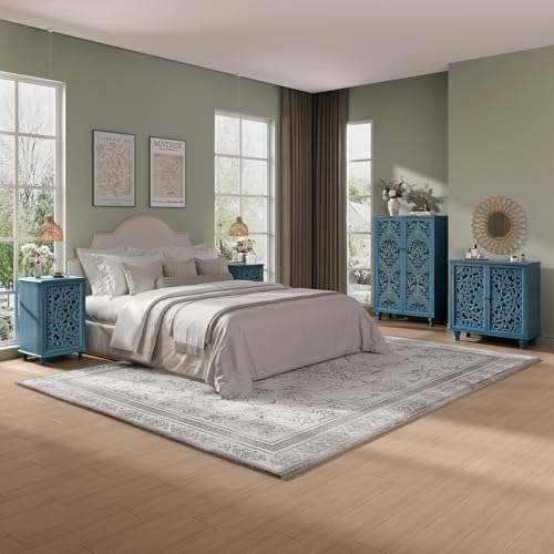 Image of Small Accent Cabinet with Door, Storage Cabinet with Adjustable Shelf, Distressed End Table with Solid Wood Legs, Sofa Side Table for Kitchen, Dining Room, Bedroom, Blue