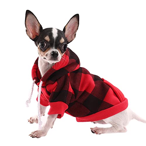 Hozz Red Dog Hoodie Winter Dog Sweatshirt With Leash Hole And Pocket Warm Dog Clothes For Buffalo Plaid Small Dog Sweater Chihuahua Coat Clothing Puppy Custume Xs #TOP23