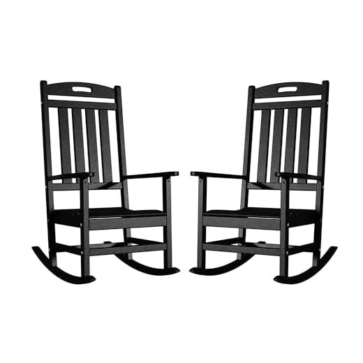 Adiromoti Outdoor Rocking Chair Set of 2, All-Weather Resistant Poly Lumber Rocker Chair Outdoor, High Back Plastic Patio Rocking Chairs for Outside Porch Rocker Garden Lawn, Black