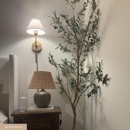 Image of Nathan James Millie Plug-in Wall Sconce, Wall Mounted Bedside Reading Lamp with Cotton Shade and Brass Back Plate, Set of 2