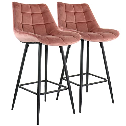 Elama Silla de bar de terciopelo de 2 piezas, color rosa con patas de metal, (ELM-222)