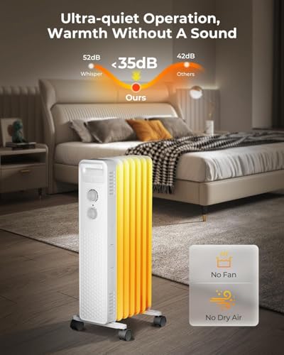 ZAFRO 1500W Electric Oil-Filled Radiator Heater with Adjustable Thermostat, Overheat and Tip-Over Protection, Low Noise, Portable Plug-in Heater for Home, Bedroom, Dorm, Office