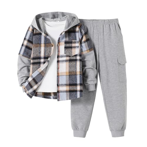 Image of 2Pcs Boys Clothes Sweatsuit Set Hoodie Flannel Plaid Shirt and Jogger Pants for Kids Fall Winter Spring Outfits