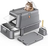 HEGGCOOE Enclosed Stainless Steel Cat Litter Box with Lid，XL Large Metal Cat Box with Drawer for Big Cats,Top Exit Kitty Litter Box Includes Scoop, Filter Pedal,Odor Control, Easy Cleaning