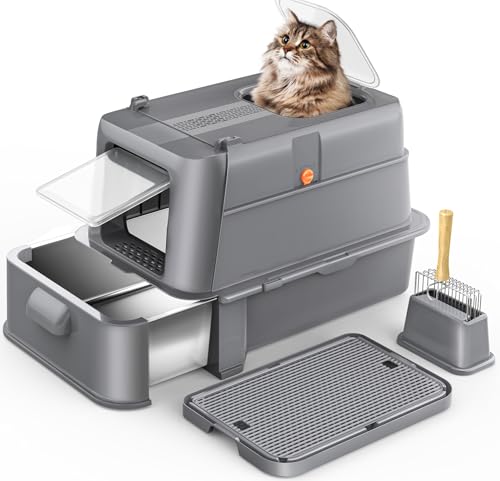 HEGGCOOE Enclosed Stainless Steel Cat Litter Box with Lid，XL Large Metal Cat Box with Drawer for Big Cats,Top Exit Kitty Litter Box Includes Scoop, Filter Pedal,Odor Control, Easy Cleaning