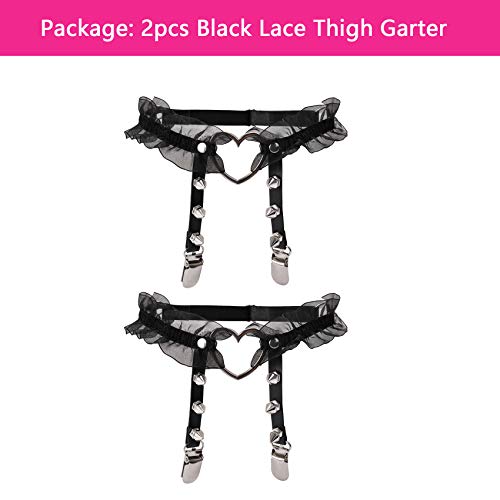 alisikee 2pcs Adjustable Lace Heart-Shaped Thigh Garter with Anti-Slip Clips, Elastic Leg Garter for Ladies, Black