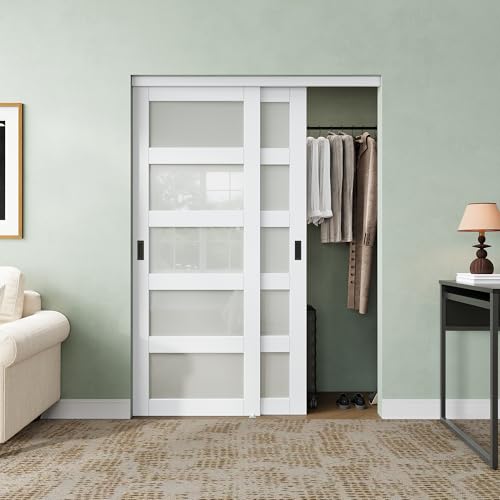 Sliding Closet Door 60' x 80', 5-Lite Frosted Glass Closet Doors with Hardware Kit & Floor Guide,...