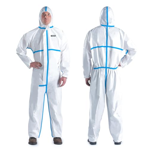 YIBER Gefahrgutanzug Einweg-Overall, Weiß mit blauem Dichtungsband, 4X-Large