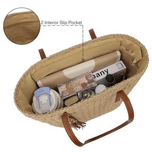 Image of Womens Large Straw Tote Bag Handmade Woven Shoulder Handbag Summer Beach Purse with Tassel