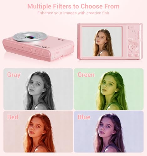 Image of Digital Camera,Upgraded FHD 4K Pink Digital Camera for Teens Girls,Compact Digital Cameras with 64GB Memory Card,2 Batteries,Small Camera with 16X Autofocus Digital Zoom for Vlogging