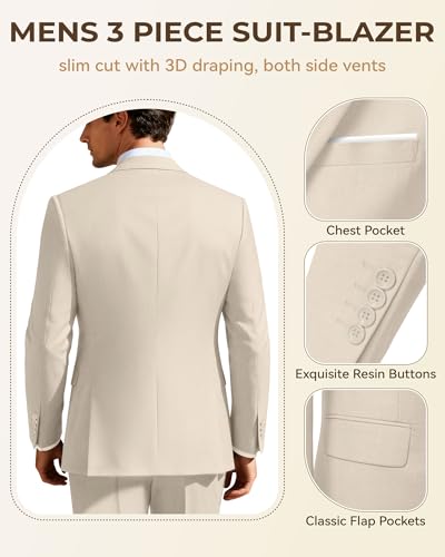 Image of Men's 3 Piece Slim Fit Suit Set, Two Button Blazer Solid Jacket Vest Pants Wedding Business Suit