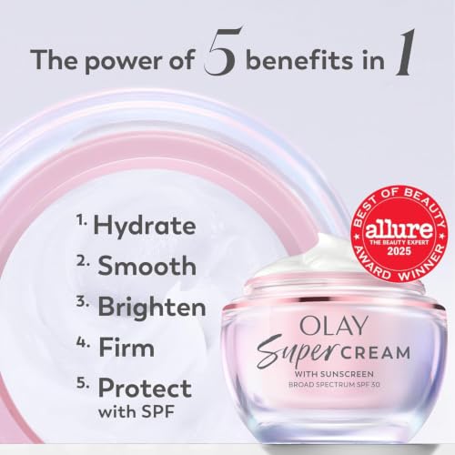 Image of Olay Super Cream with Sunscreen SPF 30, Lightweight Face Moisturizer with Sun Protection, 5-in-1 Skin Care Benefits - Hydrating, Brightening, Firming - Niacinamide, Vitamin C, Collagen Peptide, 1.7 oz
