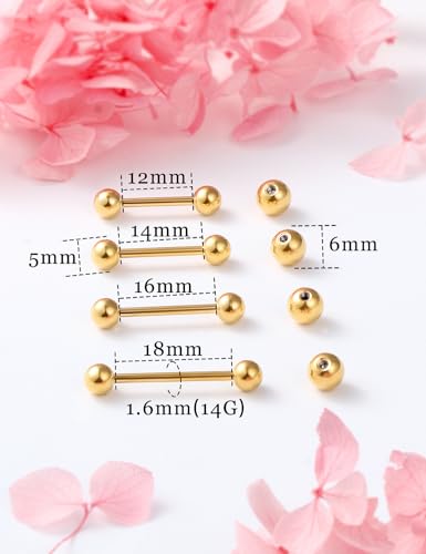 14G 16G Nipple Tongue Rings Stainless Steel Straight Barbells Piercing Jewelry Short Long Bar Silver Black Gold Bridge Piercings For Women Men 12Mm 14Mm 16Mm 18Mm Length Ball Size 5MM 6MM3
