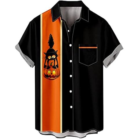 ZSBAYU Men's Vintage Bowling Shirt 1950s Retro Short Sleeve Button Down Shirts Halloween Button Up Shirts Casual Holiday Beach Shirt(Black,3X-Large) Cover