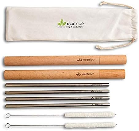Reusable Metal Stainless Steel Straws: 4 Travel Portable Personal Reusable Straws + 2 Wooden Cases + 2 Cleaning Brushes + 1 Pouch, for Hot and Cold Drinks