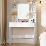 VASAGLE Kailyn Collection   Coiffeuse avec Miroir LED, 3 Couleurs, Luminosité Réglable, Multiprise, Table de Maquillage, Grand, Étagère de Rangement Réglable, 2 Tiroirs, Moderne, Blanc RDT143WB01