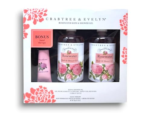 Crabtree and Evelyn | Rosewater Gift Set | 2x Bath & Shower Gel 500 mL Each & Hand Therapy 25g [Imperfect/Damaged Box]