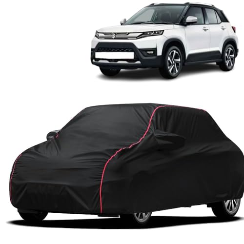 Image of Waterproof Car Cover for Maruti Suzuki Brezza | All-Weather Protection, Dustproof & UV Resistant | Triple Stitched Mirror Pockets, Windproof Buckle Strap with Elastic Hem, Black-Red Piping