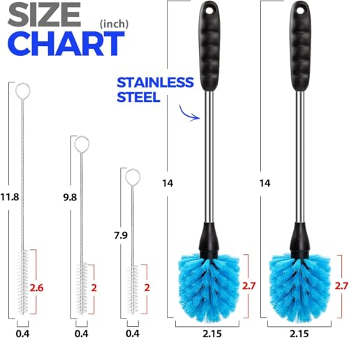 Image of Holikme 5 Pack Bottle Brush Cleaner Set, 14 inch Long Handle Stainless Steel Bottle Cleaner Brush, 3 Straw Brushes, Bottle Cleaning Brush for Water Bottle, Cups, Baby Bottle, Straws Blue