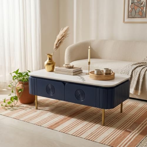 Image of Solid Wood Mandala Center Table with Sintered Stone Top for Living Room |Premium Acrylic Midnight Blue Finish | 115 cm (W) x 60 cm (D) x 45 cm (H)