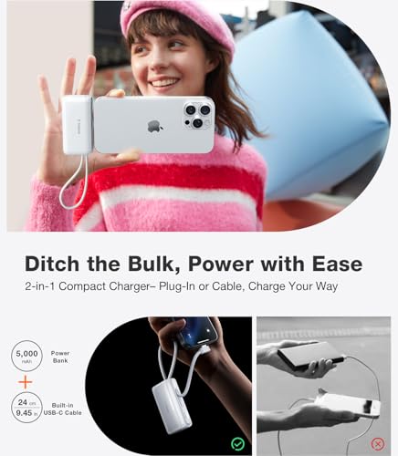 Image of TORRAS iPhone 16 Portable Charger, 5000mAh 22.5W Power Bank with Built-in USB-C Cable, Fast Charge Battery Pack for iPhone 17 /16 /15, Galaxy S25, Google for Travel Outdoor Hiking Backup Battery, White