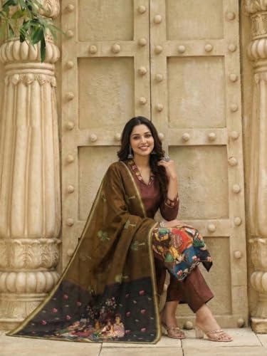 Image of ANNI Designer Women Viscose Blend Printed Straight Kurta with Pant and Dupatta | Ladies Kurta Pant Dupatta Set | Women Ethnic Wear Dress | Indian Traditional Clothing for Girl