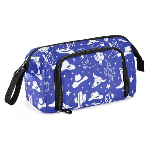 Image of Western Cowboy Blue Pencil Case Pouch Big Capacity Pencil Bag Box Organizer Pen Case with Handle Pencil Cases for Girls Boys Women Kids Adults School