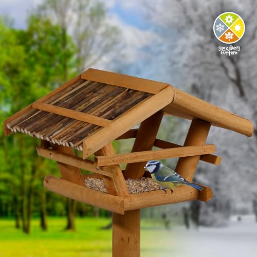 dobar® 48000FSC Vogelfutterhaus inkl. Ständer - Vogelfutterstation aus Holz mit Schilf-Dach - Vogelhaus mit Dreibeinständer - Vogelvilla für Garten/Terrasse/Balkon - 44 x 44 x 101 cm - Natur